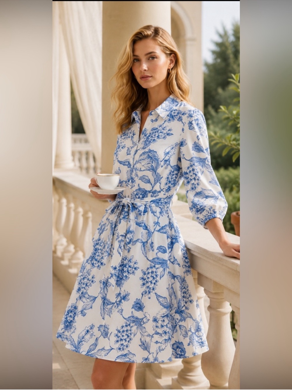 Cynthia Steffe Blue White Floral Dress Medium Belted Cottagecore 100% cotton